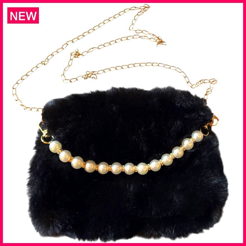 Faux Fur Tote Bag with Pearls Lightweight Small Evening Handbag